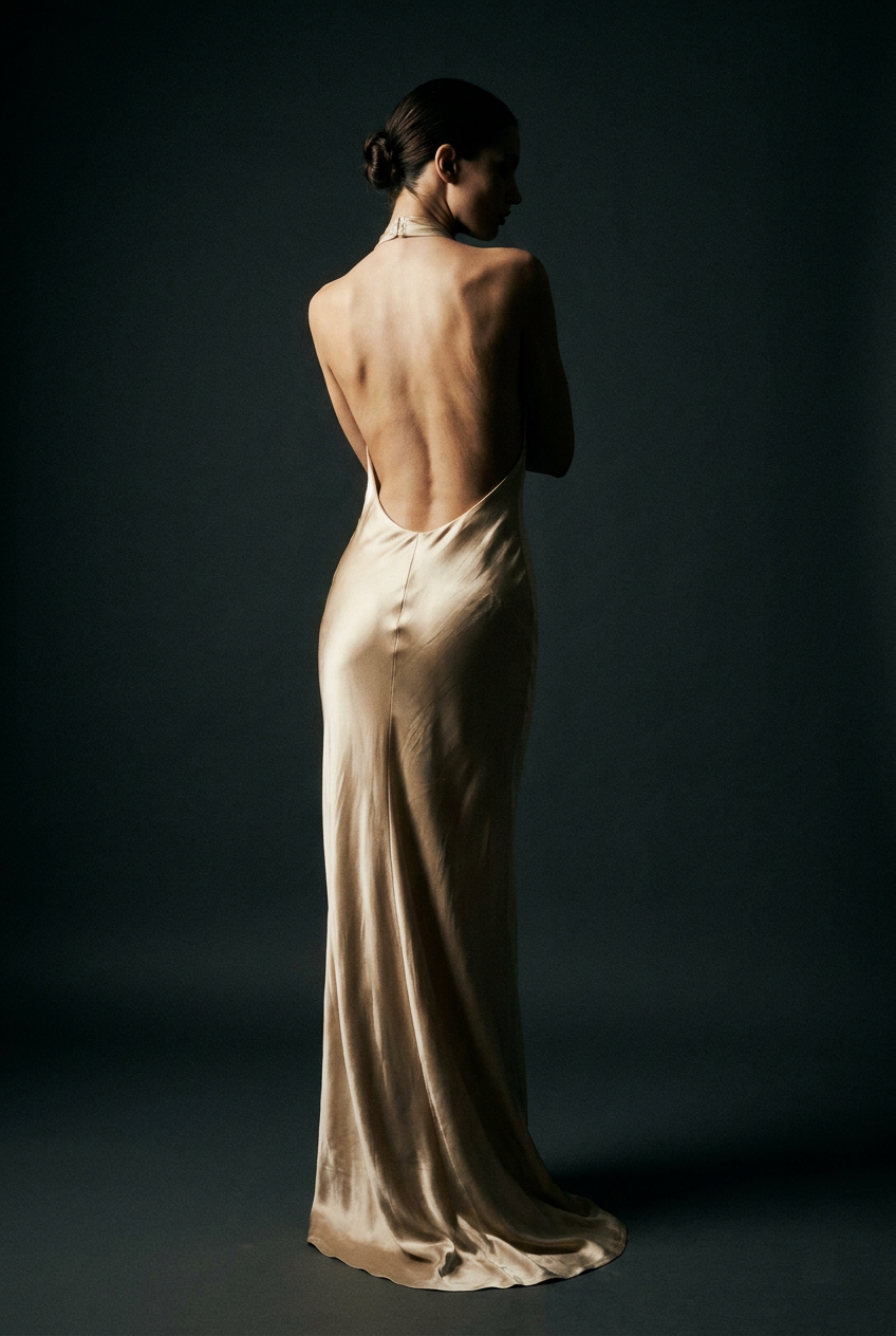 Editorial back-turned pose, sculptural silhouette
