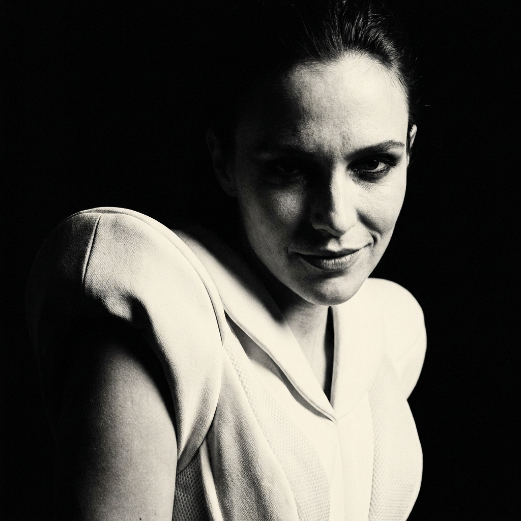 Black-and-white editorial portrait, soft directional light