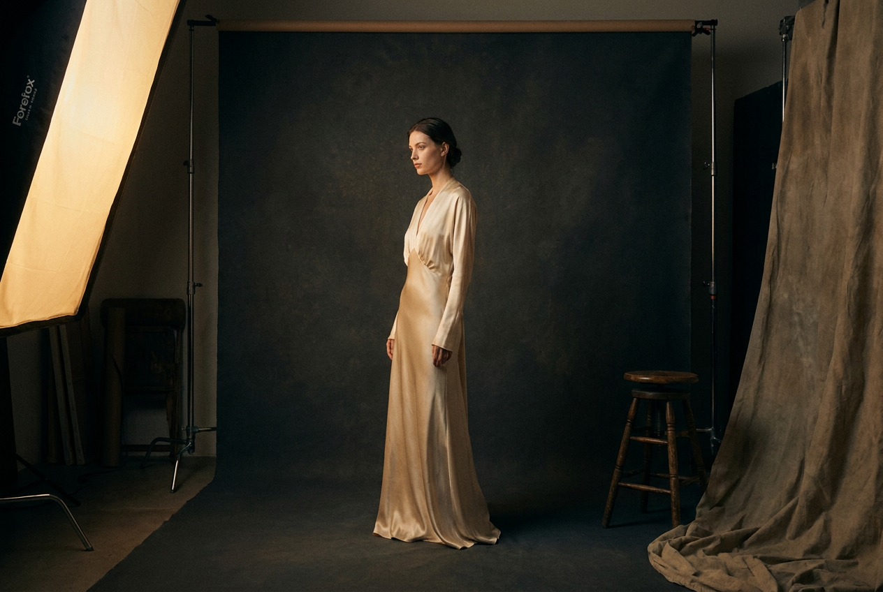 Wide studio interior, cream backdrop and morning light